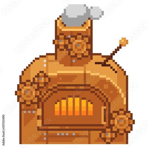 An 8-bit retro-styled pixel-art illustration of a bronze steampunk furnace.
