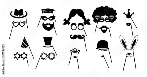 Photo props, funny hats, lips, crowns for parties and holidays. Vector set of black and white silhouettes on sticks