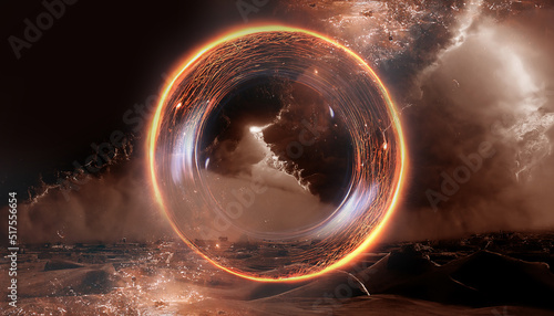 Abstract futuristic fantasy desert landscape, fiery circle, neon circle. Gloomy clouds, clouds, light circle. Sci-fi landscape of an alien planet. Unreal world. 3D illustration.