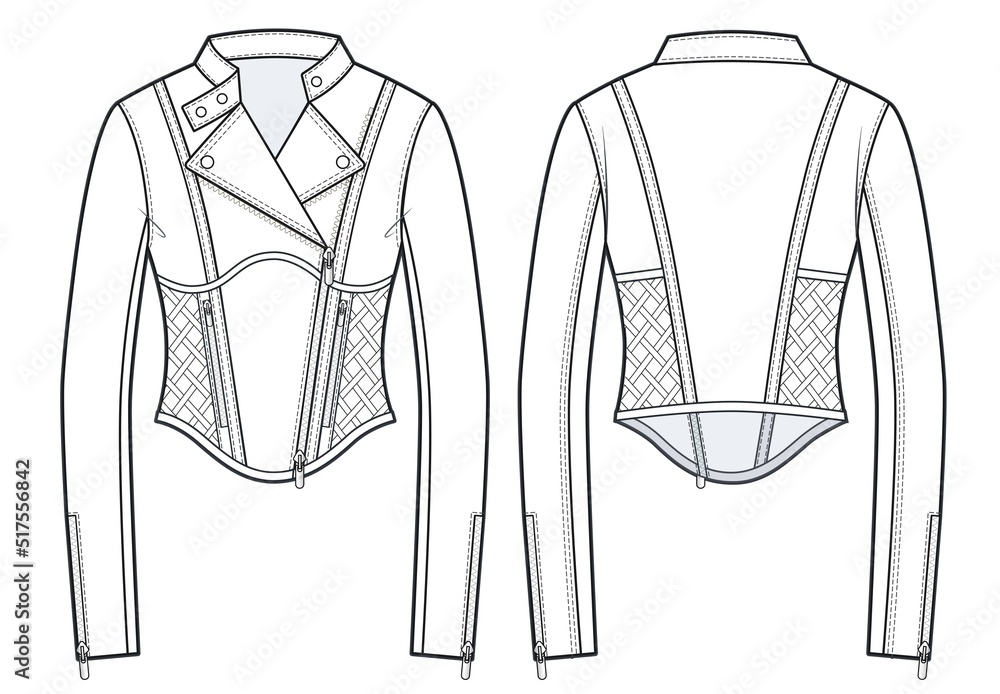 Zip-up Biker Jacket fashion flat technical drawing template. Women`s Corset Leather Jacket fashion Cad mockup, cutouts, long sleeves, pockets, zipper, front, back view, white. Zip-up Biker Jacket fashion flat technical drawing template. Women`s Corset Leather Jacket fashion Cad mockup, cutouts, long sleeves, pockets, zipper, front, back view, white.