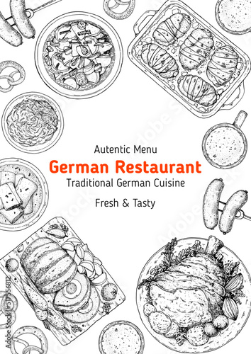 German food frame. Bierhaus menu. German cuisine. Sketch style. Menu design template. Hand drawn vector illustration. Food and drink sketch. Black and white. Engraved style