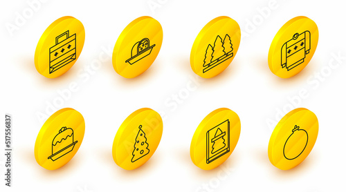 Set line Christmas ball, book, tree with decorations, Cake, sweater, trees, Marzipan sponge cake and paper shopping bag icon. Vector