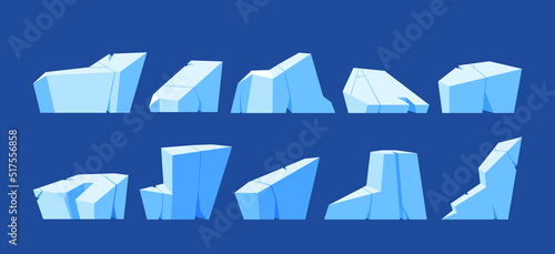 Set of Ice Cubes And Crystals, Blue Frozen Blocks, Ui Game Asset. Icicles, Iceberg, Iced Floes Or Cave Stalagmites Cap