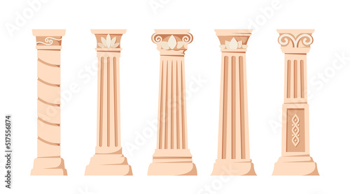 Set of Antique Pillars  Ancient Classic Stone Columns Isolated On White Background. Roman Or Greece Architecture Element