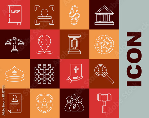 Set line Judge gavel, Magnifying glass for search, Police badge, Handcuffs, Map marker with silhouette of person, Scales justice, Law book and Stage stand debate podium rostrum icon. Vector