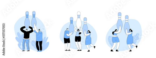 Tiny People Holding Huge Pins for Bowling Game. Happy Friends Playing Bowling, Leisure, Active Lifestyle, Sparetime