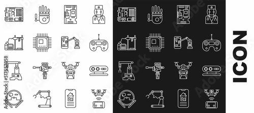 Set line Remote aerial drone, Electronic computer components motherboard digital chip, Processor with microcircuits CPU, 3D printer, and Industrial machine robotic robot arm hand icon. Vector