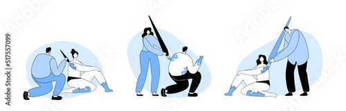 body artBodyart Painting Concept, Characters with Paint Brushes Drawing on Body of Naked Man and Woman Sitting on Floor