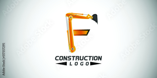 F letter construction logo with  Excavator design