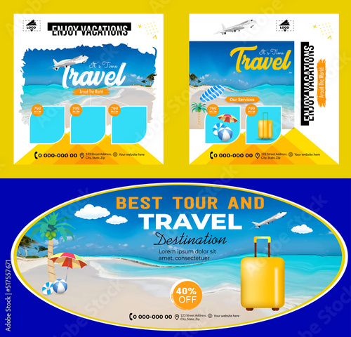 Social media Travel and tours ad design. Enjoy Holiday Adventure Template. social media post template. Travel agency Poster. Truism Vacation Discount Banner.	