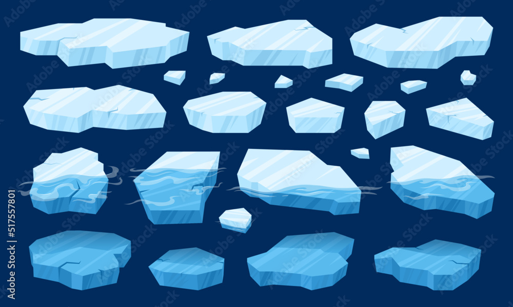 Cartoon floating ice, frozen arctic blocks of ice. Glaciers and