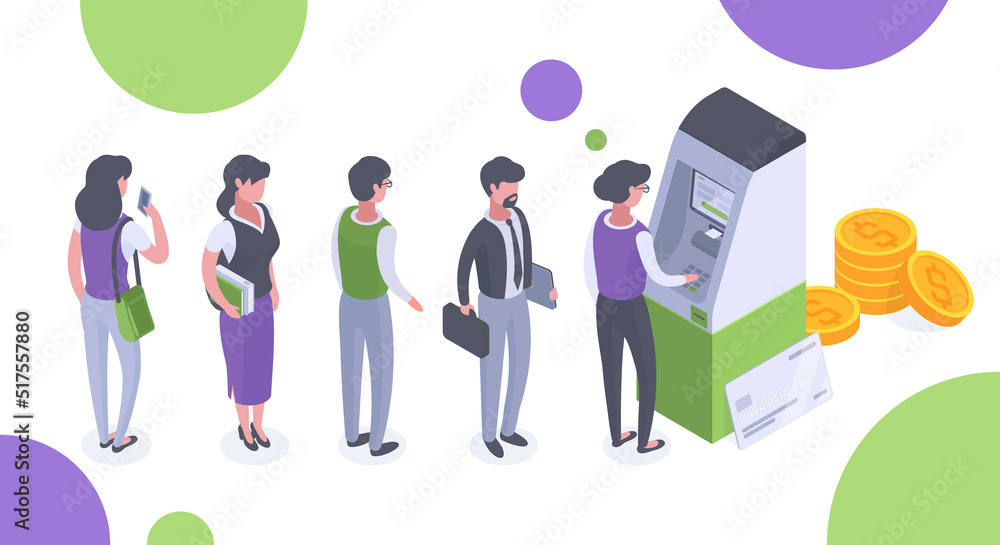 People line up near atm machine, cash transactions concept. Characters waiting in ATM terminal queue 3d vector illustration. Payments and funds transfers