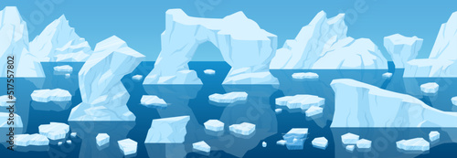 Cartoon arctic iceberg landscape, frozen ice seamless background. Winter snow ice view, cold blue glaciers landscape vector illustration. Antarctic ice panoram