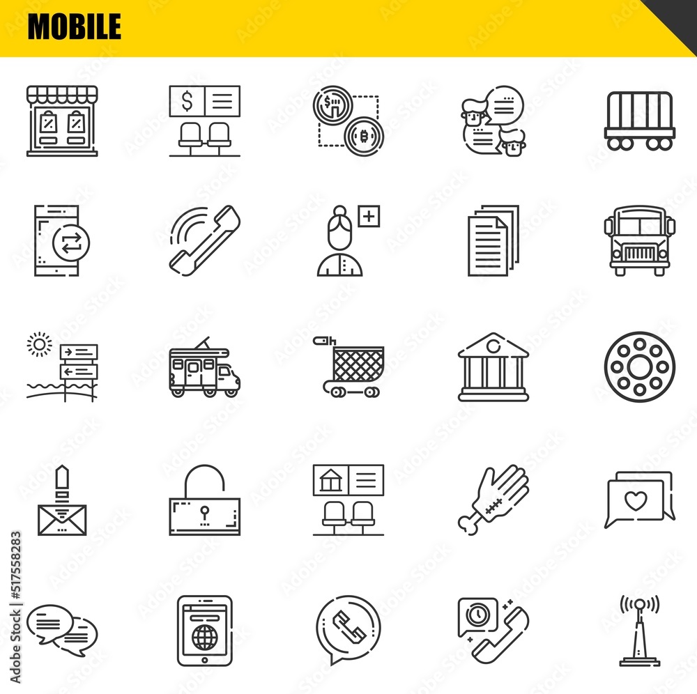 mobile vector line icons set. store, chat and signal Icons. Thin line design. Modern outline graphic elements, simple stroke symbols stock illustration