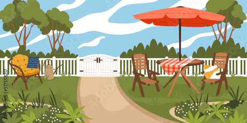 Backyard patio. Cozy garden with furniture, outdoor chill out zone, summer courtyard relax, contemporary table, wooden chairs and bright umbrella, horizontal banner, tidy vector concept