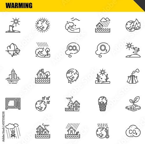 warming vector line icons set. drought, acid rain and flood Icons. Thin line design. Modern outline graphic elements, simple stroke symbols stock illustration
