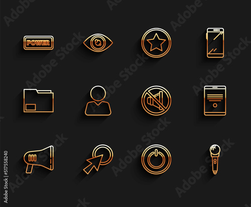 Set line Megaphone, Arrow cursor, Power button, Microphone, Add friend, Tablet and Speaker mute icon. Vector