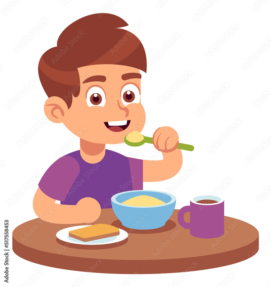 Boy eating breakfast. Happy kid healthy nutrition Boy eating breakfast. Happy kid healthy nutrition
