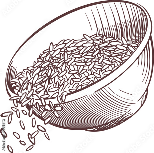 Bowl with pouring rice sketch. Falling grain engraving