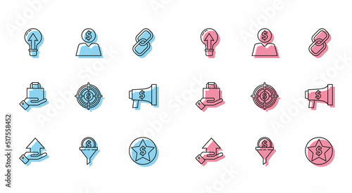 Set line Money on hand, Lead management, Light bulb, Star dollar, Target with, Megaphone, Hand paper shopping bag and Business planning mind icon. Vector