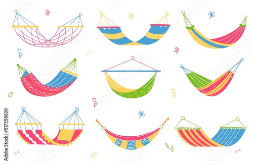 Cartoon hammocks. Colorful summer garden swings, outdoor relax and comfort, backyard recreation, hanging fabric accessories, hand drawn relaxing elements, swanky vector isolated set
