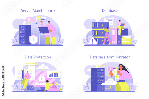 Data base administrator concept set. Manager working at data center,