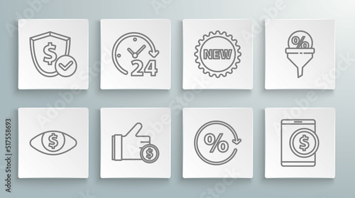 Set line Eye with dollar, Clock 24 hours, Hand holding coin, Discount percent tag, Tablet, Price New, Lead management and Shield icon. Vector