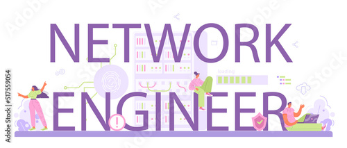 Network engineer typographic header. Specialist setting up, developing