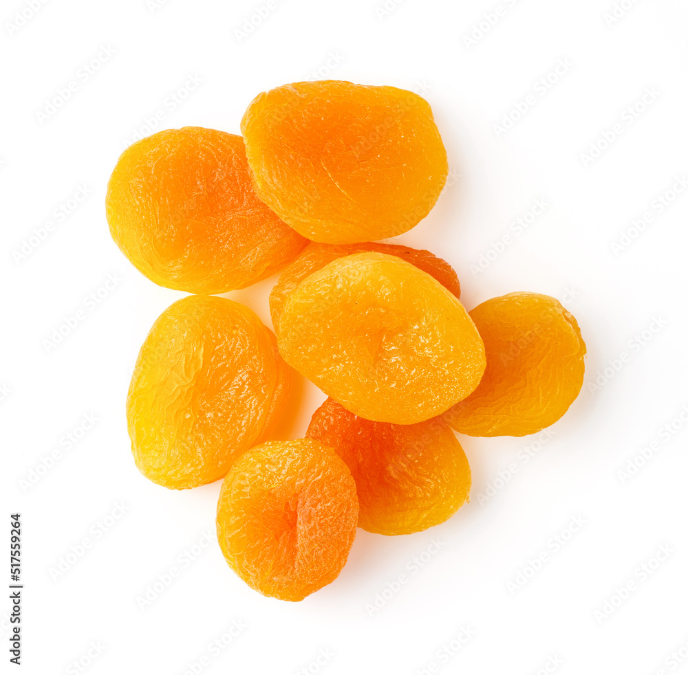 Dried apricots isolated on white background. Top view of dried apricots. Dried apricots isolated on white background. Top view of dried apricots.