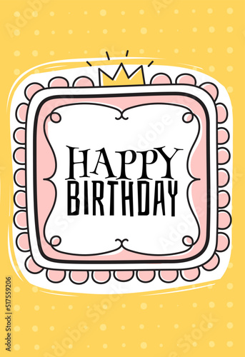 Happy birthday card template in girlish cute princess style
