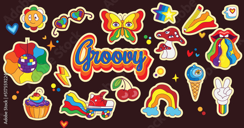 Psychedelic retro stickers in cartoon style. Set of retro elements in funky, hippie style. Rainbow, mushrooms, eyes, disco ball. Vector illustration of 70s, 80s