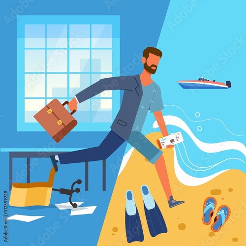 Happy transition from work to vacation. Happy businessmen in workplace and on holidays. Escape from office work. Summer travel, beach resort, relax on beach. Vector cartoon flat concept