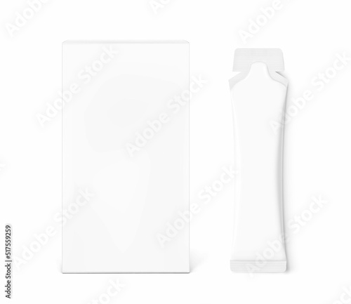 Gel sachet mockup with box. Vector illustration isolated on white background. Easy to use for food, medical, cosmetic and etc. EPS10.	