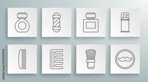 Set line Hairbrush, Classic Barber shop pole, Shaving, Mustache, Aftershave, gel foam and icon. Vector