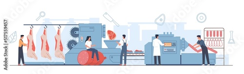 Natural production industry concept. Flat style scene meat processing factory with workers, automated conveyor, farm sausage production. Automated food manufacturing nowaday cartoon vector