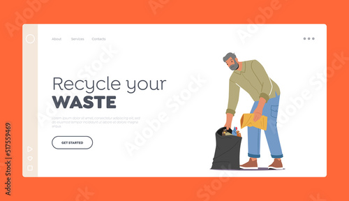 Waste Recycling Landing Page Template. Senior Volunteer Male Character Clean Garbage from Ground, Man Collecting Trash