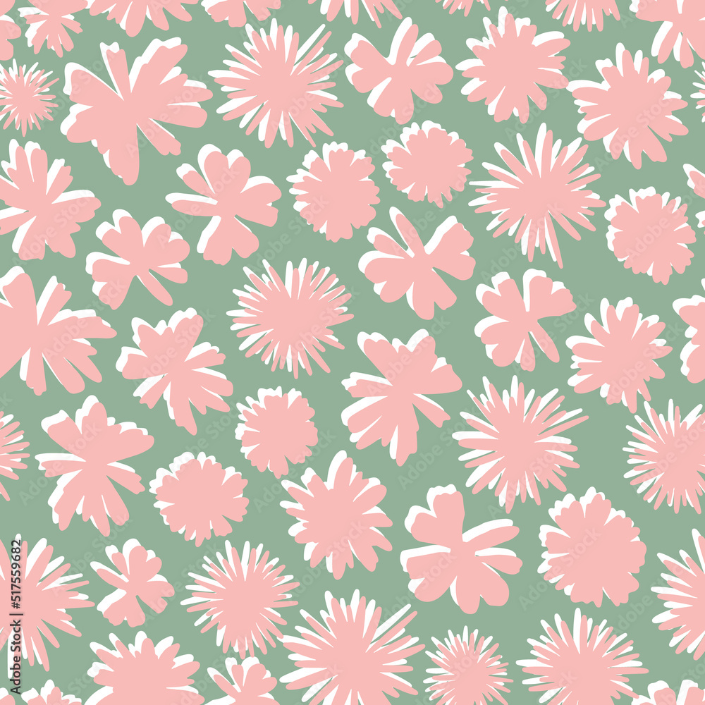 Abstract flower petal overlayered seamless repeat pattern. Random placed, vector stains all over surface print on sage green background.