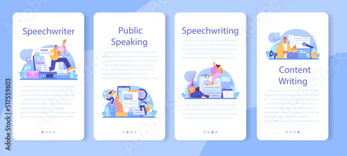Speechwriter mobile application banner set. Professional speaker or journalist