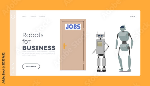 Cyborg Hire Job Landing Page Template. Robots Waiting Invitation for Job Interview at Lobby front of Door, Robotization