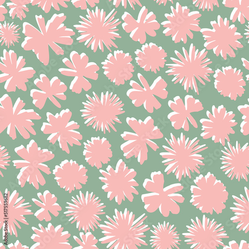 Abstract flower petal overlayered seamless repeat pattern. Random placed  vector stains all over surface print on sage green background.