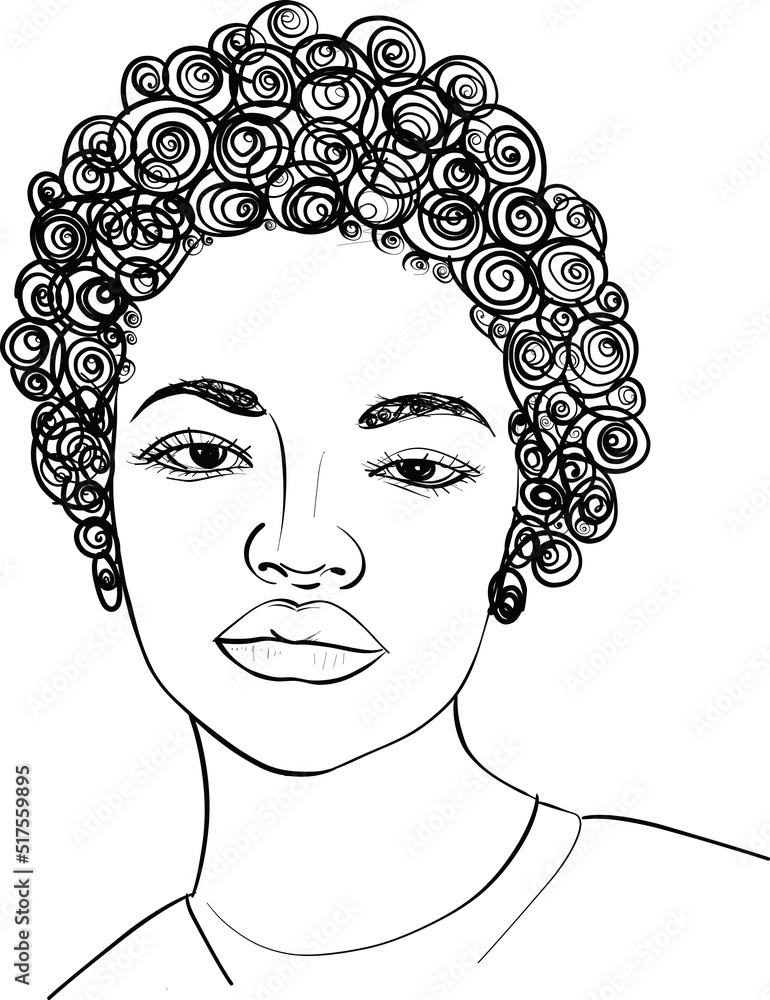 Line Art Woman Face Drawing. Black Woman. Afro American Female Logo