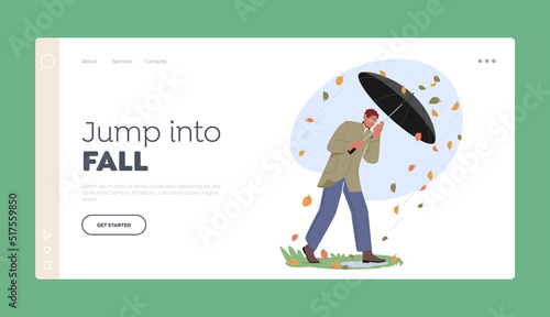 Fall Landing Page Template. Man Holding Umbrella Protect from Wind and Falling Leaves. Male Character Fighting with Wind