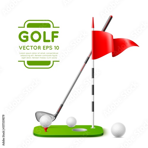 Realistic golf elements. Shooting preparation objects, sport game equipment, putter, ball and hole with red flag, 3d isolated on white item, championship banner template utter vector concept