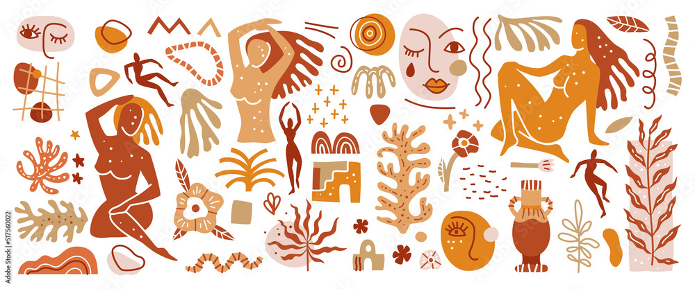 Set of trendy doodle and abstract nature icons. Includes people, floral art and texture bundle. Big summer collection, unusual organic shapes in freehand matisse art style.