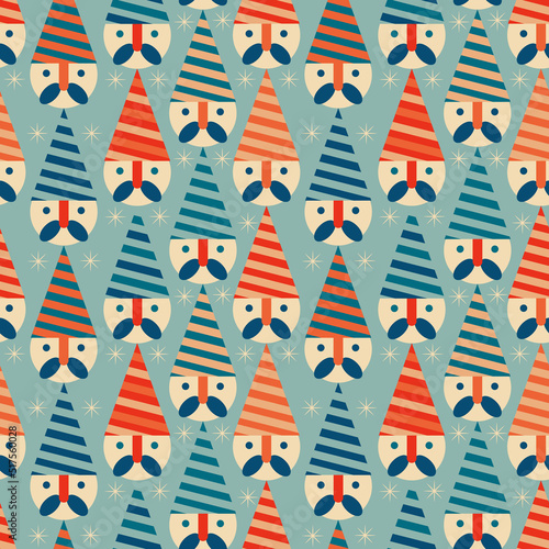 Vintage retro Christmas pattern with with Santa Claus heads .Background with Christmas gnomes 