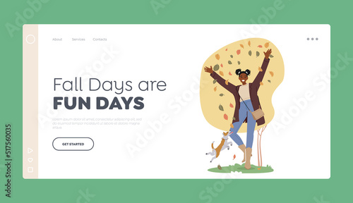 Fall Days Landing Page Template. Happy Black Teen Girl Spend Time with Pet Outdoors at Autumn Weather Fun with Leaves