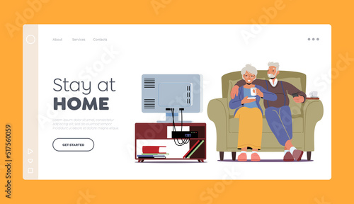 Stay at Home Landing Page Template. Senior Couple Man and Woman Watching Tv, Old Characters Sitting on Comfortable Couch