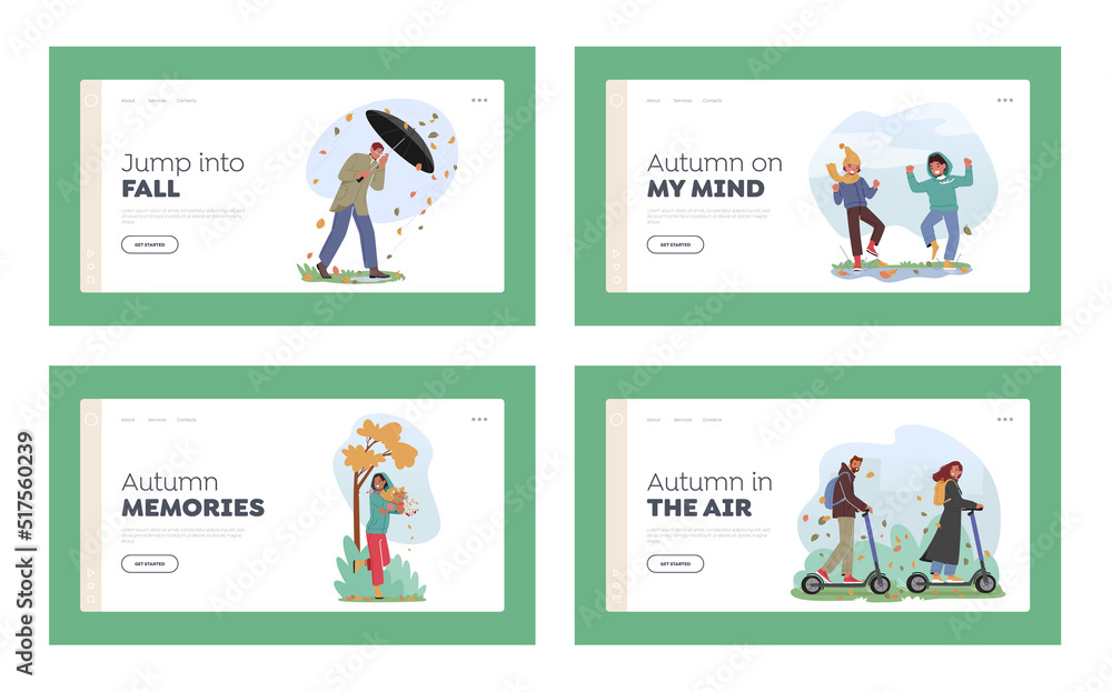 People Fall Outdoors Activities Landing Page Template Set. Characters Walk at Autumn Day, Drive Scooters, Walk in Park