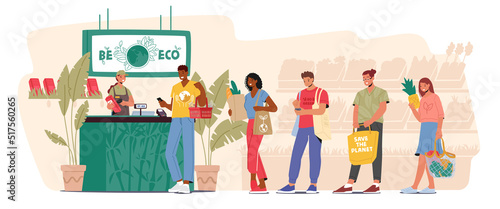 Happy People Stand in Queue with Reusable Packaging in Hands Visiting Store. Male and Female Characters Use Eco Bags