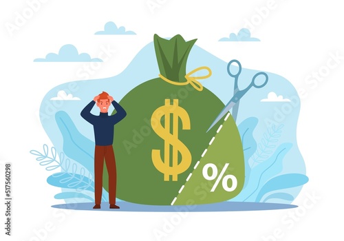 Tax rate. Budget expenditure management, return of part income, huge bag with dollar and percentage sign, scissors cut off piece, banking loan or investment payment, vector flat style concept